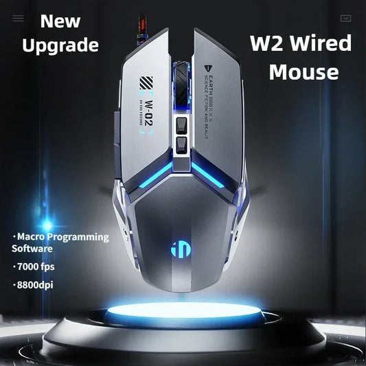 W2 USB Wired Gaming Mouse with Glowing Gamer Mechanical Metal Style Mice Suitable for PC Desktop Laptops Tablet Game Office