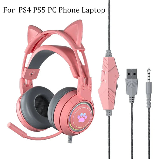 Cat Ears Headphones with Microphone For PS5 HiFi Stereo Bass Headset Gamer Girls RGB Black Pink Helmet for PC Laptop Phone Xbox