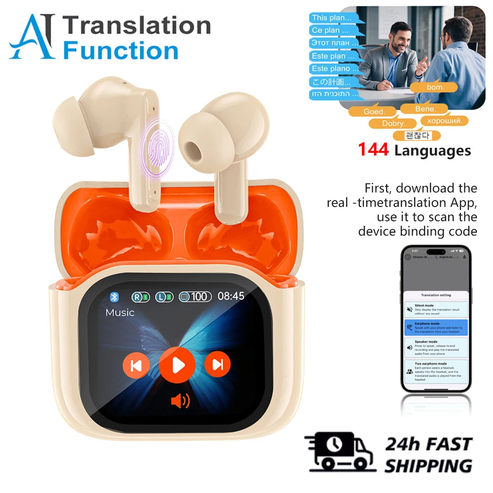 Real Time Translators Headphones with Touch Screen 144 Languages Translation Bluetooth 5.4 Earbuds Noise Cancelling Headset