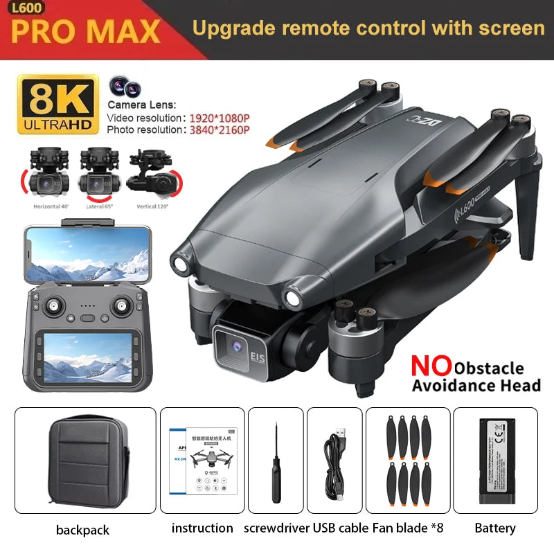 2025 L600 PRO MAX GPS Drone 5G Professional 8K HD 3-axis Gimbal Aerial Dual Camera Screen Control Obstacle Avoidance FPV RC Dron