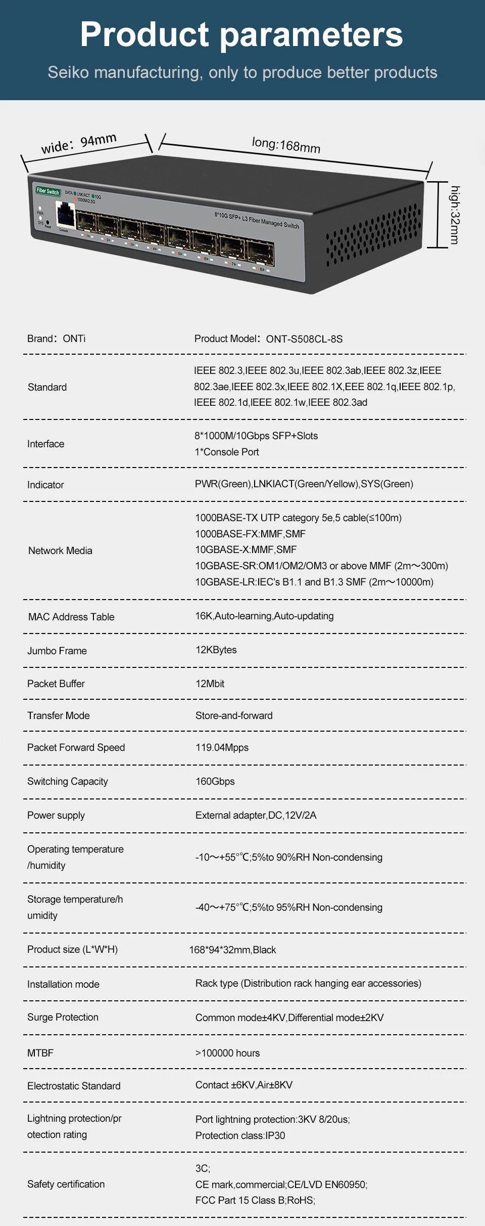 ONTi 8 10Gb SFP+ Ports L3 Managed Network Switch Support DHCP and Dynamic Routing Support VLAN Division and Port Aggregation