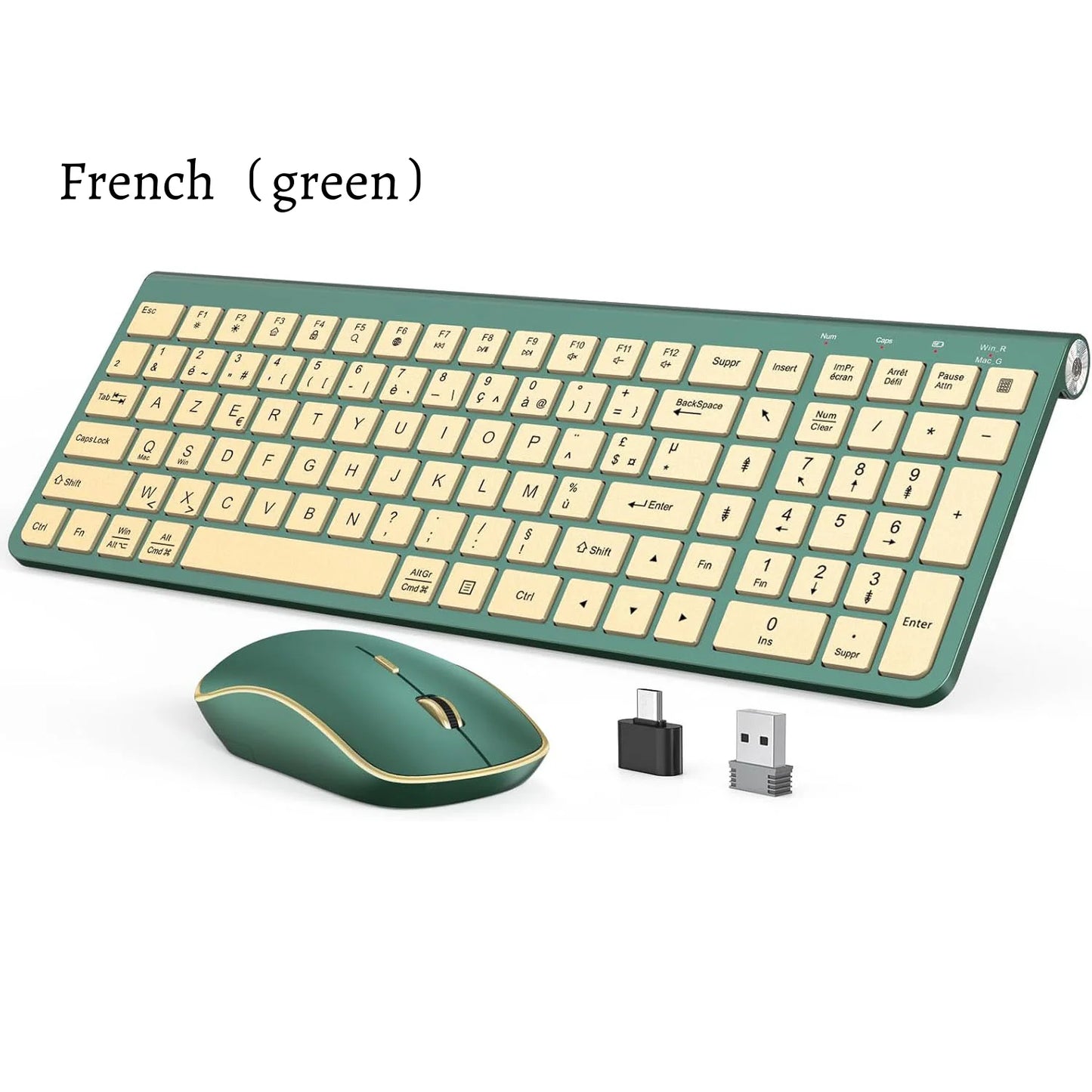 Ergonomic wireless keyboard and mouse, AZERTY, France, quiet and portable, including USB-A and USB-C ports, suitable for Mac/PC/