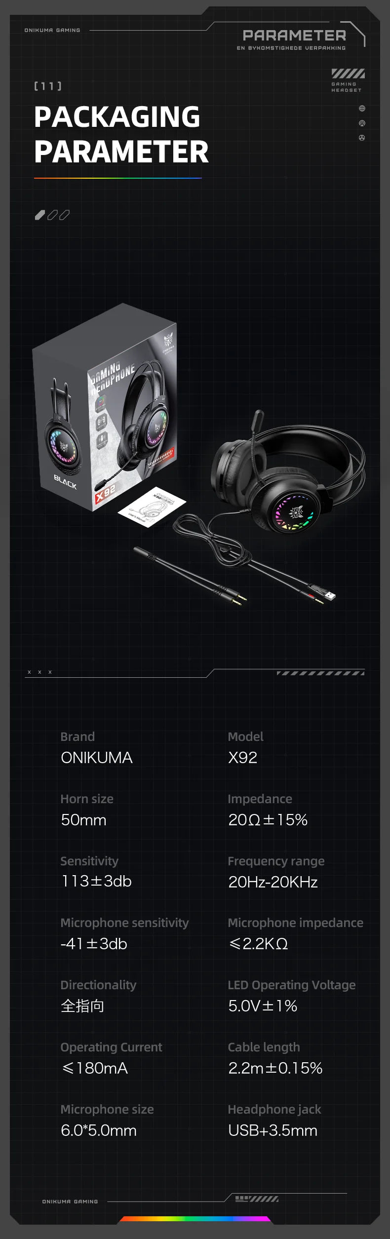 ONIKUMA X92 Gaming Headset Esports Package New FULL RGB Light Design Headphones with Mic Headphone for PC Gamer Game Accessories