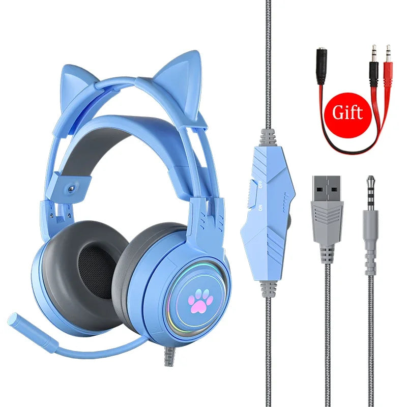 Cat Ears Headphones with Microphone For PS5 HiFi Stereo Bass Headset Gamer Girls RGB Black Pink Helmet for PC Laptop Phone Xbox