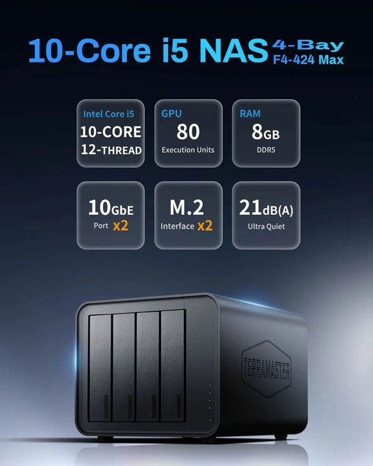 TERRAMASTER F4-424 Max NAS Storage - 4Bay Core i5 1235U 10Cores 12 Threads, 8GB DDR5 RAM, Network Attached Storage(Diskless)