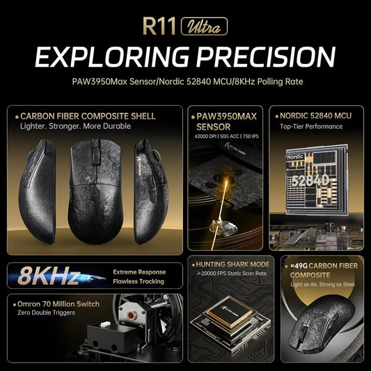 ATTACK SHARK R11 Ultra 8K Carbon Fiber Wireless Gaming Mouse with 42000 DPI-PAW3950 MAX Sensor-49g Lightweight,Nordic 52840 MCU