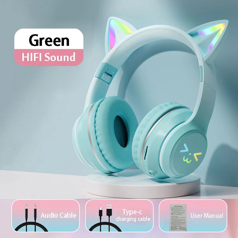 wireless Headphones RGB cute cat ear Bluetooth Earphones with microphone Stereo Music Game Earphone Girls Kids Gifts For XiaoMi