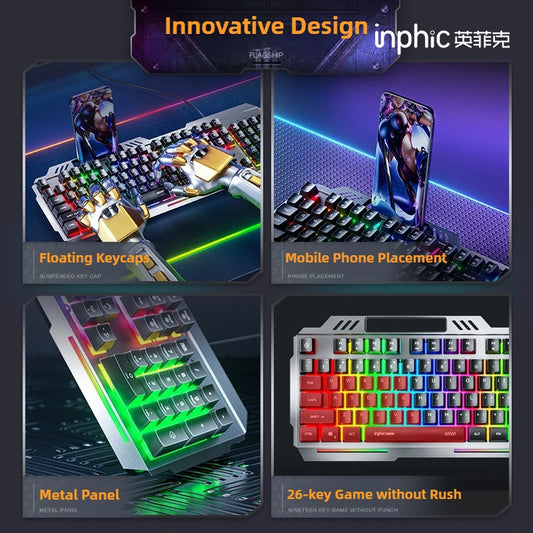 K2 Wired Keyboard Mouse Set Metal Panel RGB Backlight Waterproof Ergonomic Multimedia Buttons 104 Keys Keyboard for Game Office