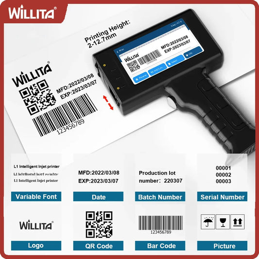 Willita 12.7mm Label Printer Handheld Inkjet Printer QR Bar Batch Code Date Number Logo Expiry Date Coding Machine For Glass