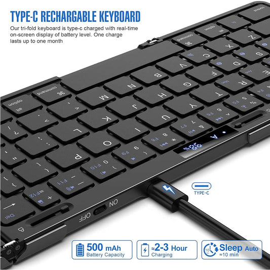 Jomaa Alloy Bluetooth Foldable Keyboard Battery Level Display Rechargeable Wireless Folding Keyboard with Touchpad for Laptop