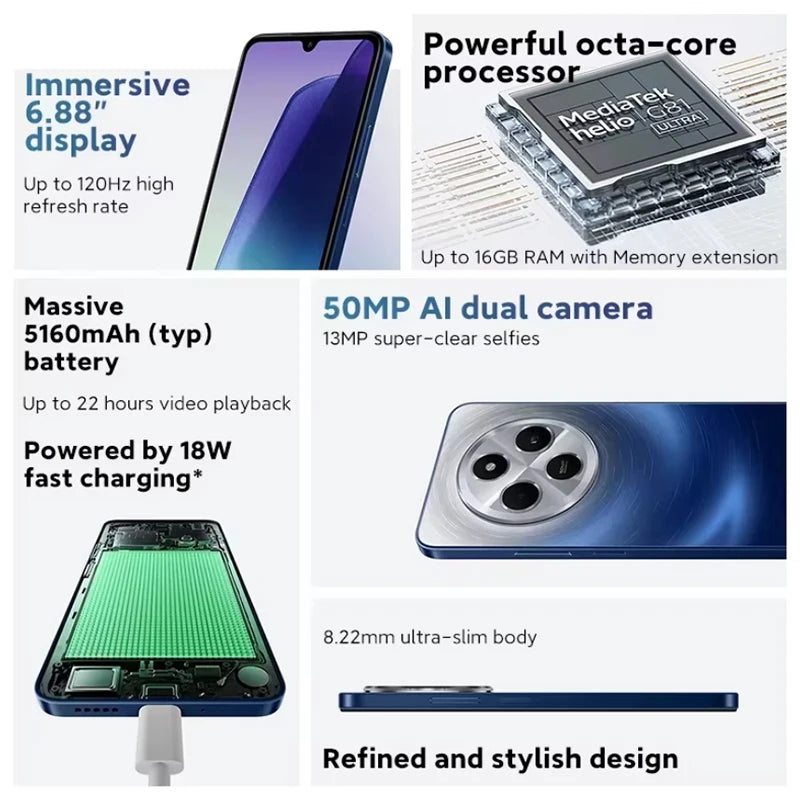 Xiaomi Redmi 14C Smartphone Immersion 6.88'' 120Hz Display 50MP AI Dual Camera Massive 5160mAh Battery