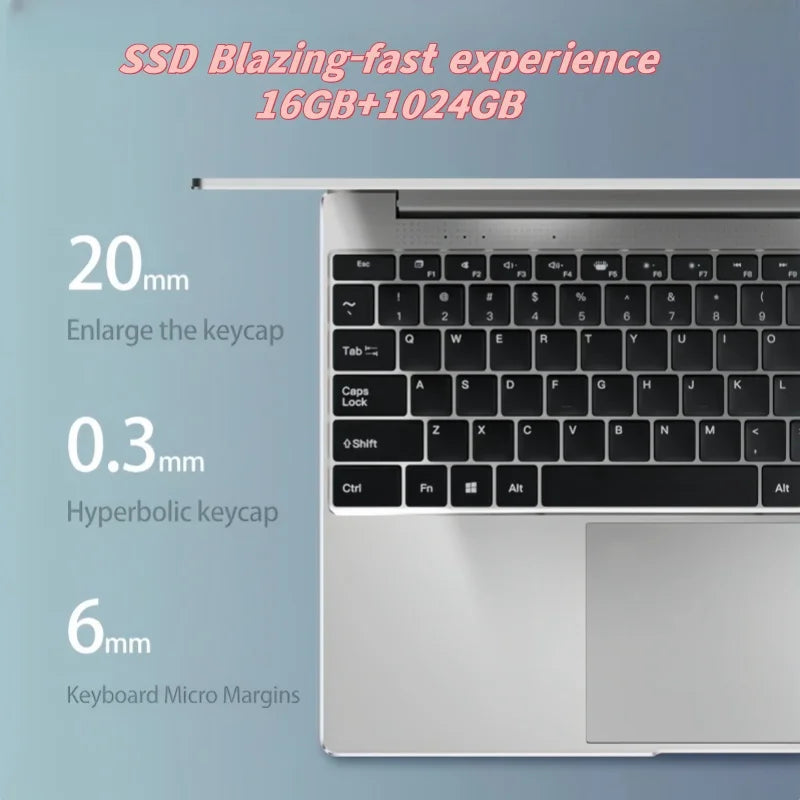 Ultra Slim Laptop 14.1" 16GB RAM 2TB SSD Intel N3700 Gaming PC 1920*1080 Display Office Study Computer PC Windows 11 Pro