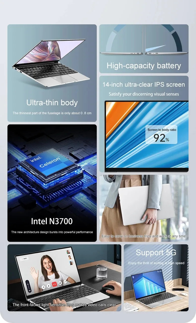 New Ultra Slim Laptop 14.1" 16GB RAM 2TB SSD Intel N3700 Gaming PC 1920*1080 Display Office Study Computer PC Windows 11 Pro