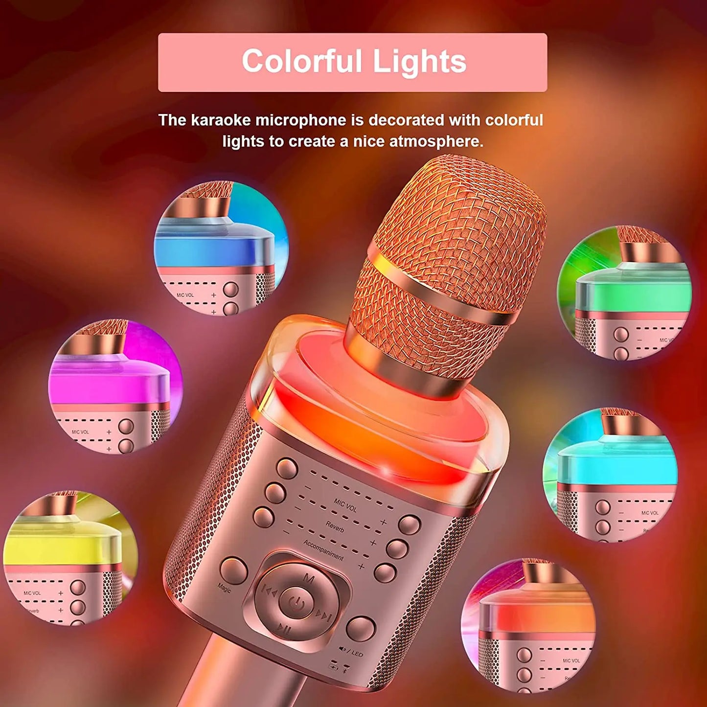 Karaoke Microphone Bluetooth Wireless Mic with Magic Sound LED Light Portable Singing Machine for Home KTV Party Adult/Kid Gift