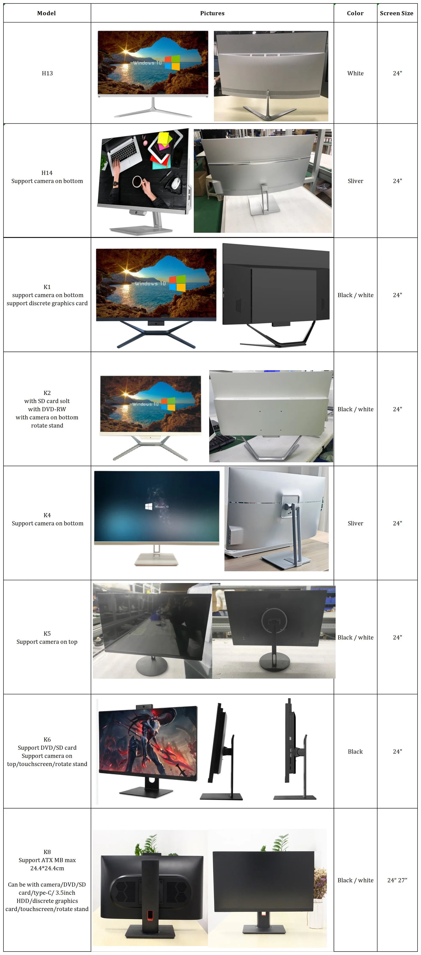 Aotesier 24 inch Led High Quality Built-in Battery Desktop Monoblock Gaming Computer With Webcam Business All In One Pc win10 8G