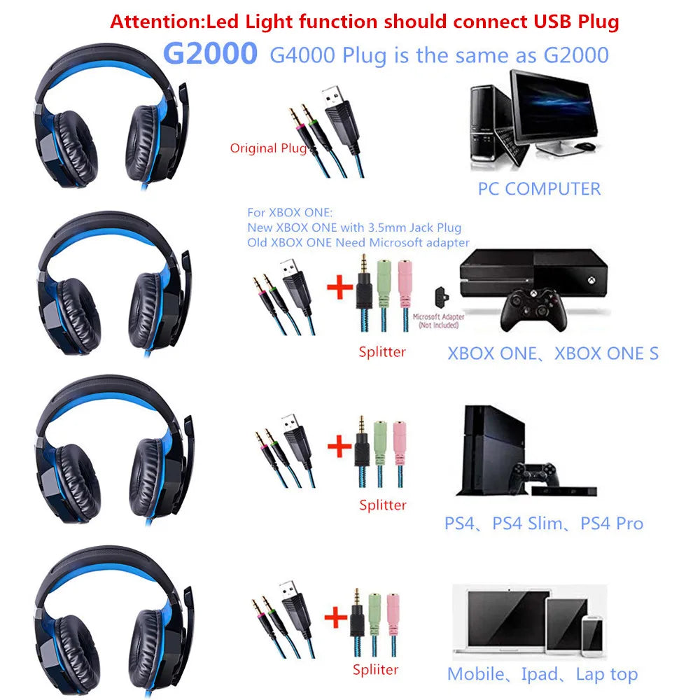 Combination G2000 Gaming Headphones with Microphone Stereo Led Headset + Gaming Mouse for PC Gamer PS4 Notebook Laptop Xbox One