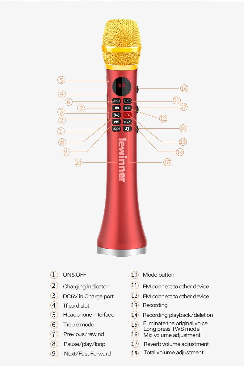 Lewinner L-699 Professional Karaoke Microphone Wireless Speaker Portable Bluetooth microphone for phone support record TF play