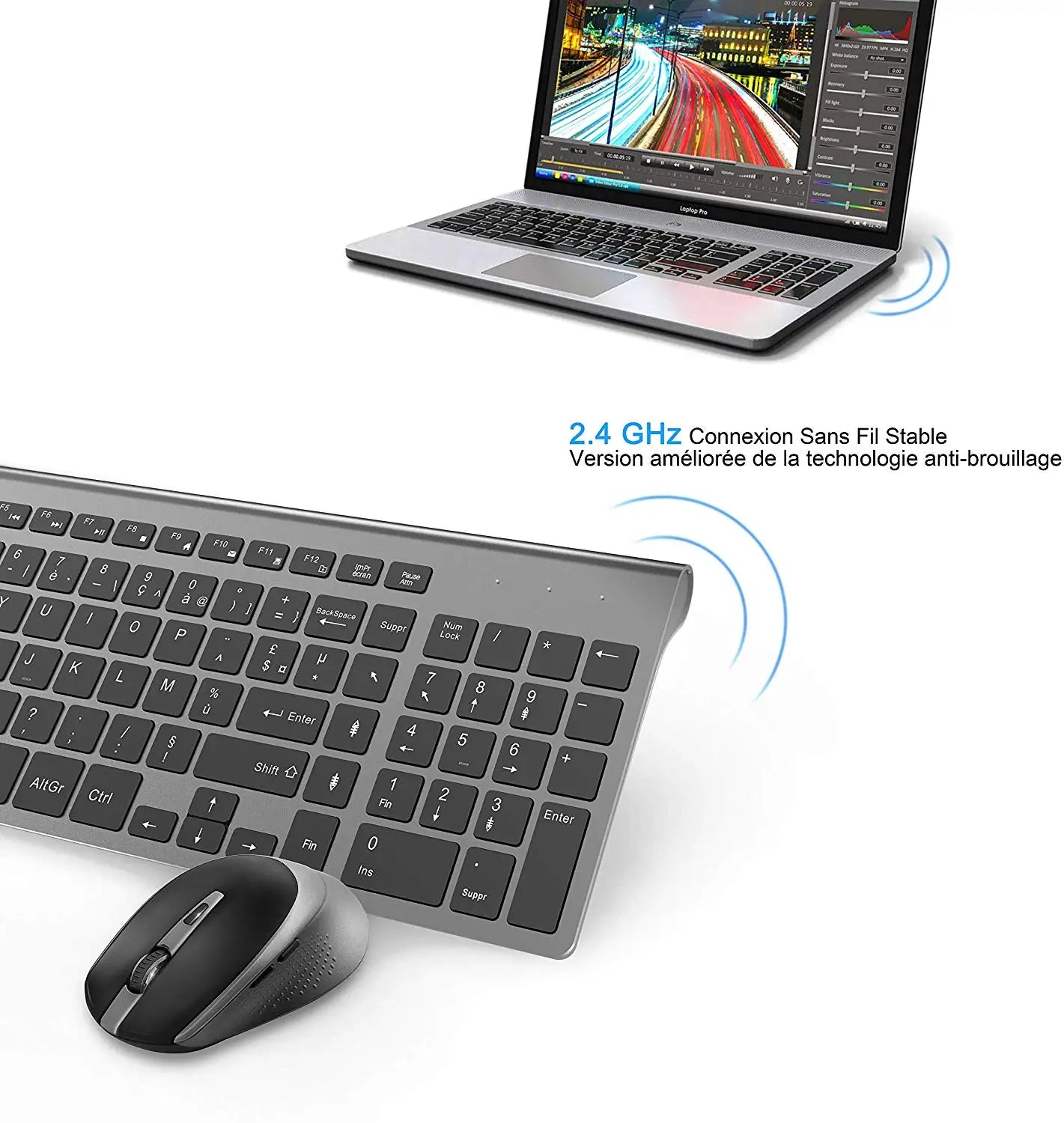 AZERTY--French Layout Wireless Keyboard And Mouse, Ergonomic Design, With Full-Size Numeric Keys.2400 DPI Stable Connection。Gray