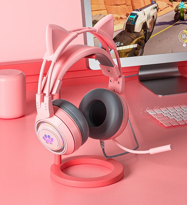 Cat Ears Headphones with Microphone For PS5 HiFi Stereo Bass Headset Gamer Girls RGB Black Pink Helmet for PC Laptop Phone Xbox