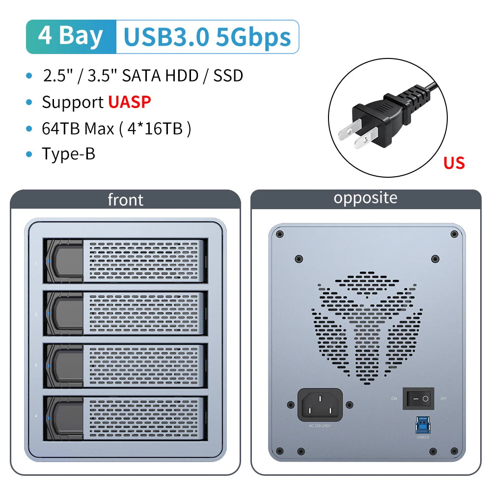 Yottamaster 10Gbps 2.5"3.5" inch SATA HDD SSD Enclosure 150W Hard Disk External Case USB3.1 Gen2 80TB Daisy Chain 270TB for NAS
