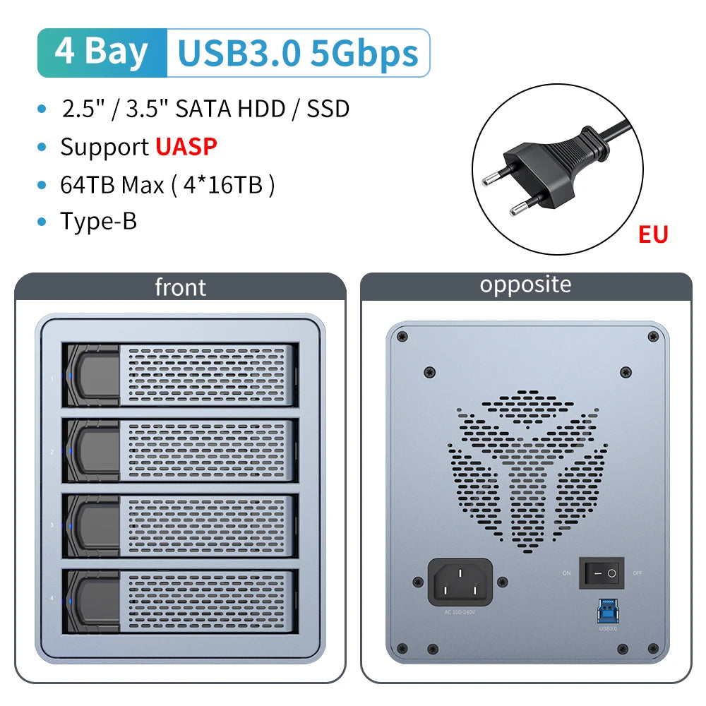 Yottamaster 10Gbps 2.5"3.5" inch SATA HDD SSD Enclosure 150W Hard Disk External Case USB3.1 Gen2 80TB Daisy Chain 270TB for NAS