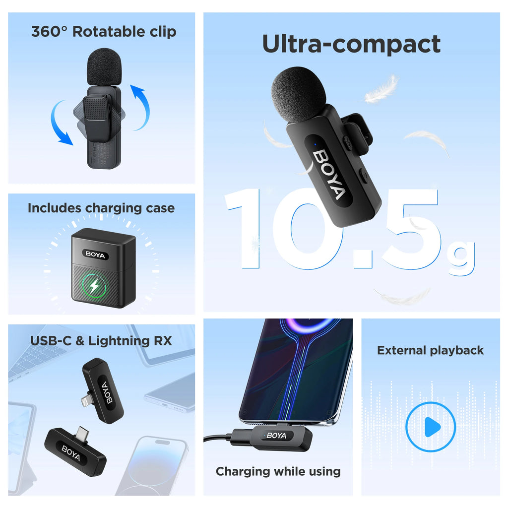 BOYA V3 Professional Wireless Lavalier Microphone Kit Compatible with Android and DJI Pocket 3 Type-C USB-C livestreaming, vlog