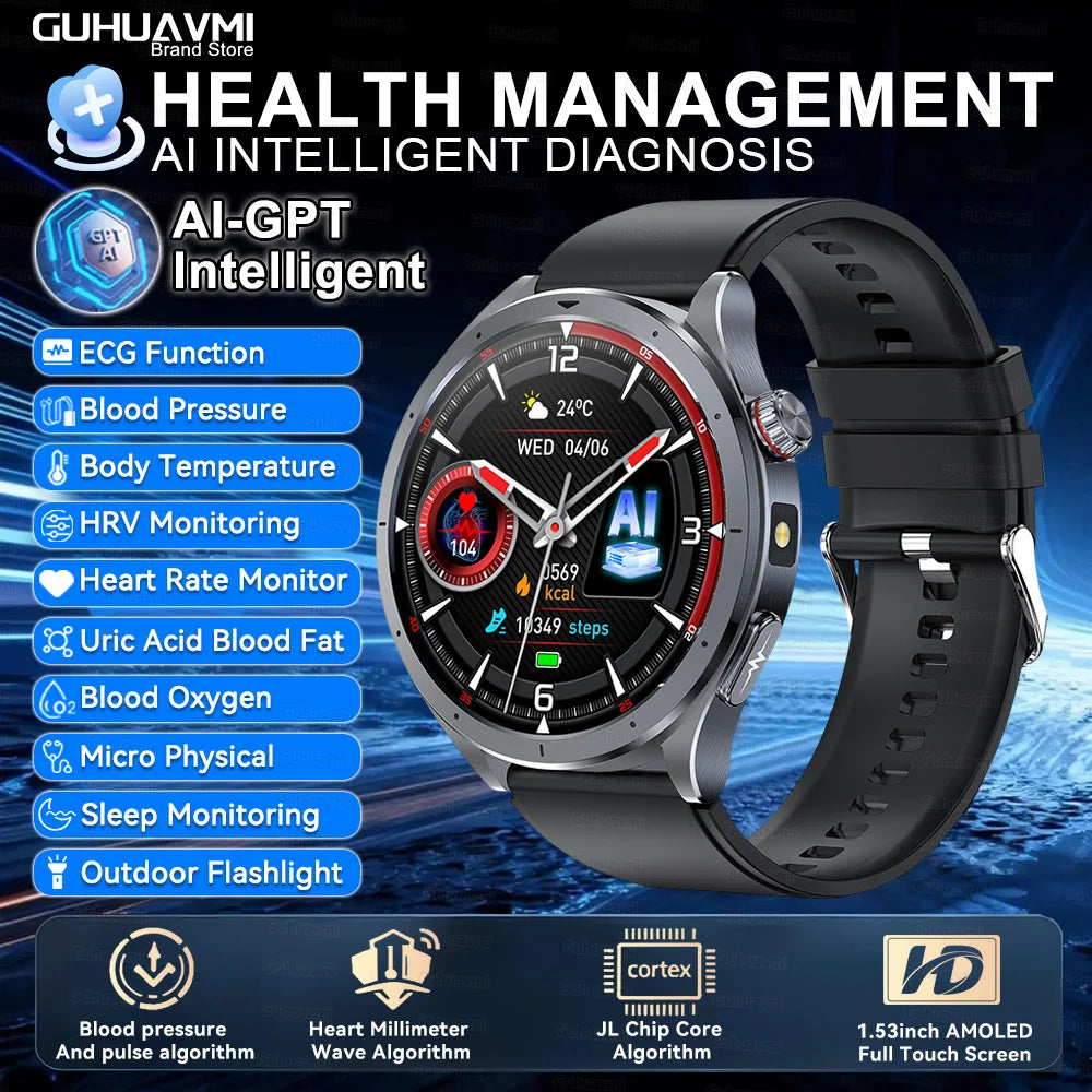 2025 New Body Fat Analysis Health Smart Watch ECG+PPG Uric Acid Blood Pressure Blood Oxygen Clock Call Smart Watch For Men Women