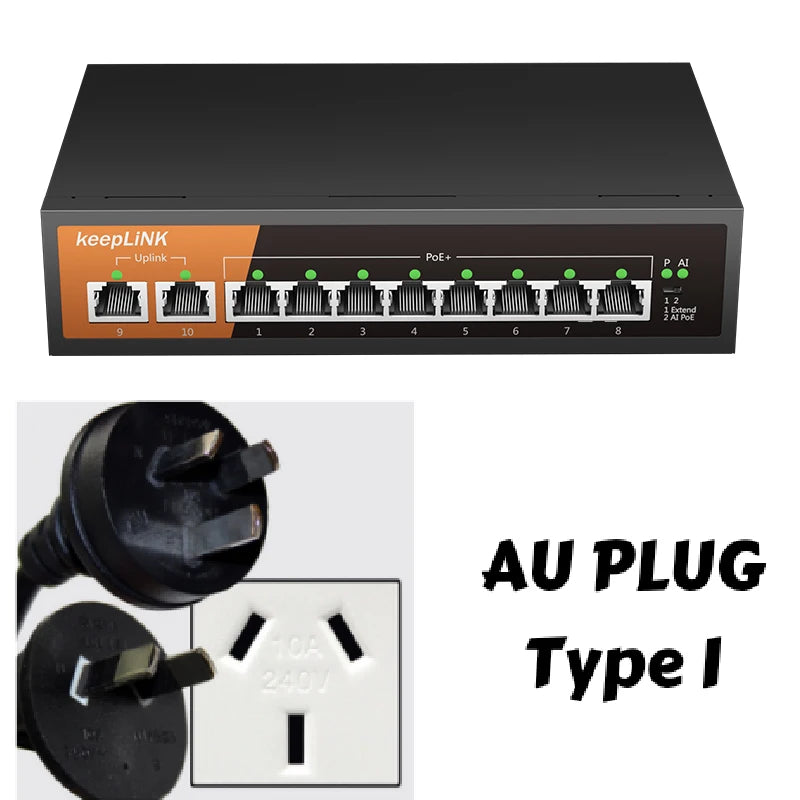 KeepLiNK 10-Port Gigabit Switch with 8-PoE and 2-RJ45 for Uplink Unmanaged Plug and Play