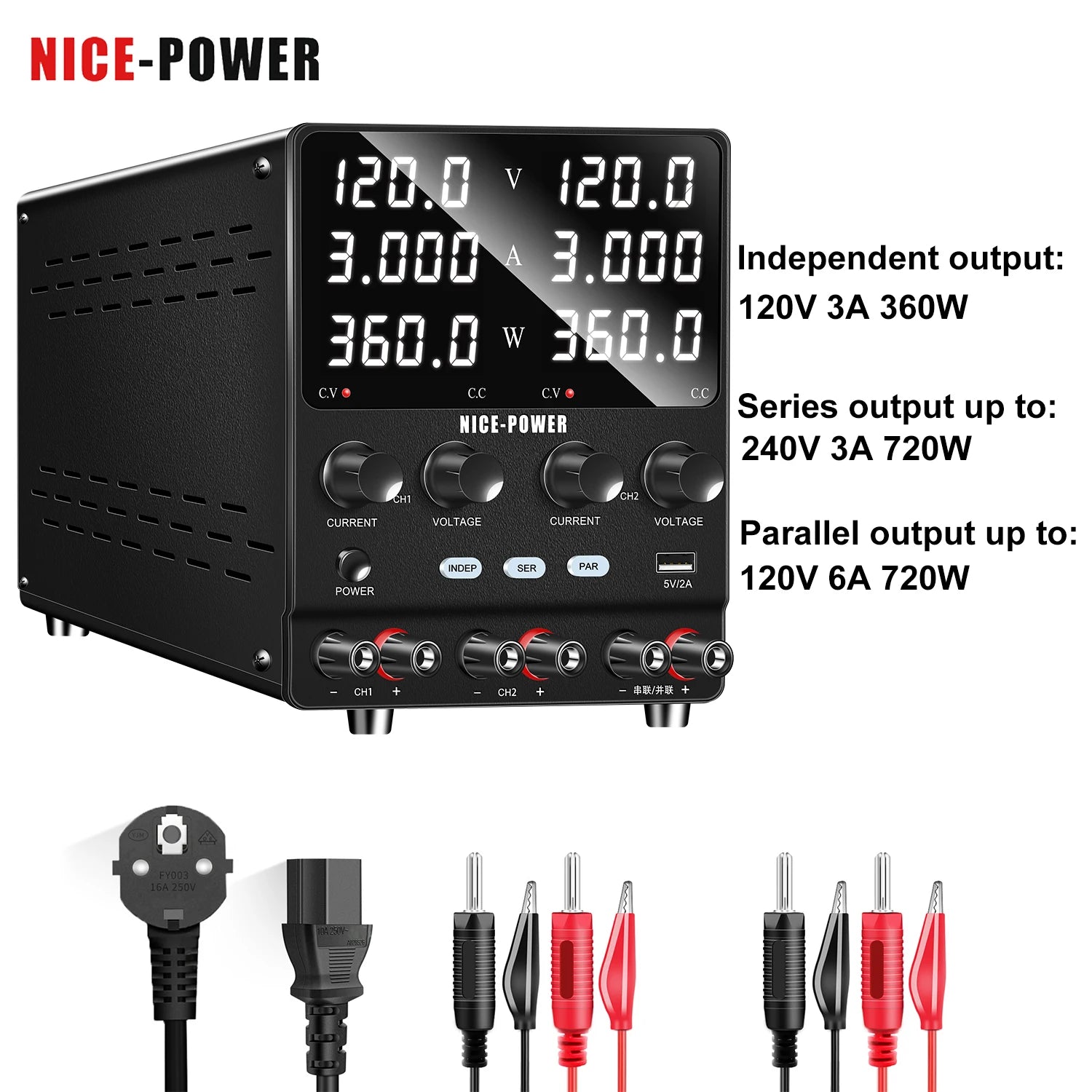 30V 10A DC Power Supply Adjustable Digit Display Dual Channel Lab Power Supplies Voltage Regulator Multiple Output 120V3A 60V5A
