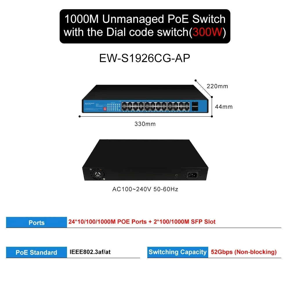 EWIND Gigabit POE Switch 16/48 Ports 10/100/1000Mbps Full Gigabit Ethernet Switch Unmanagement AI Smart Switch outdoor home NVR