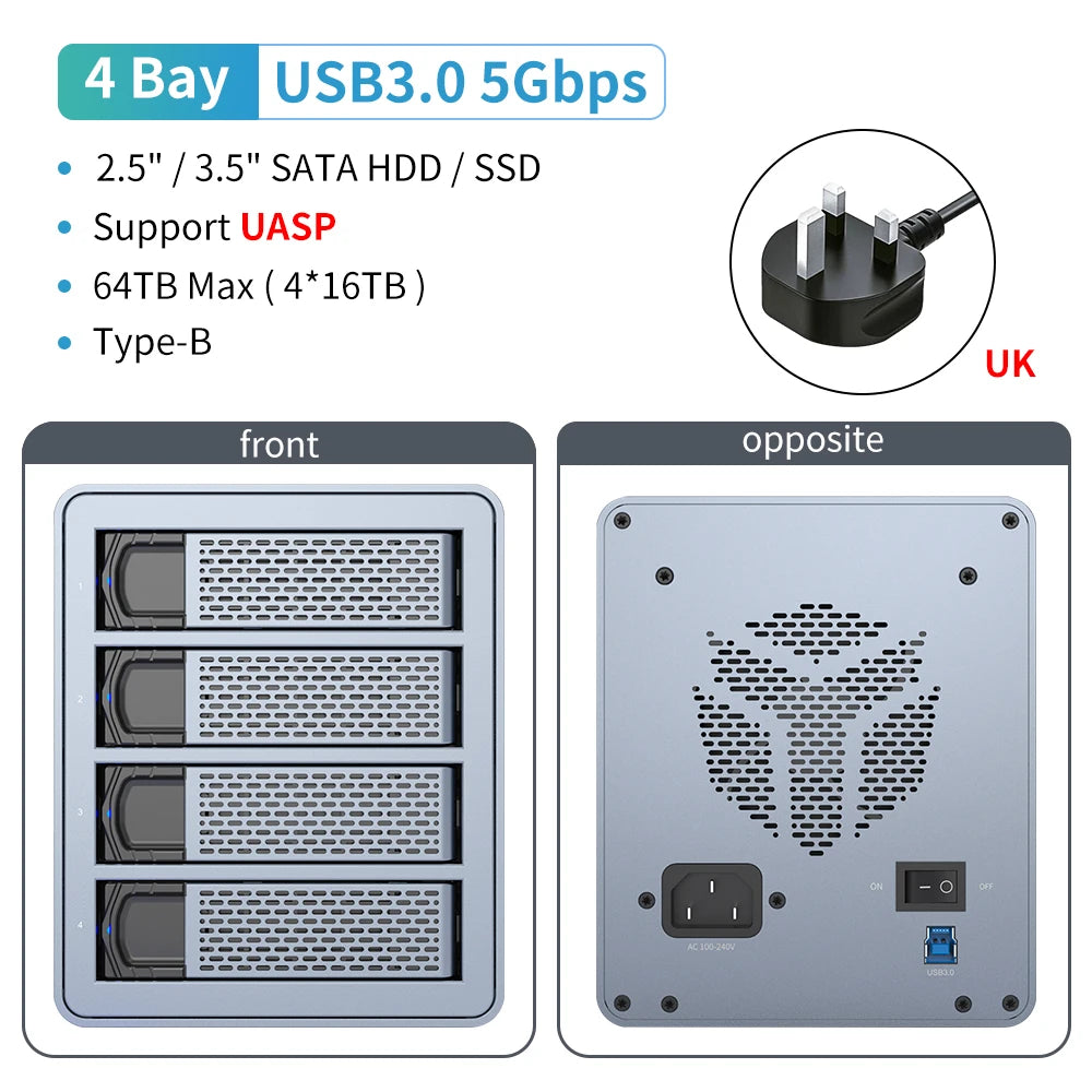 Yottamaster 10Gbps 2.5"3.5" inch SATA HDD SSD Enclosure 150W Hard Disk External Case USB3.1 Gen2 80TB Daisy Chain 270TB for NAS