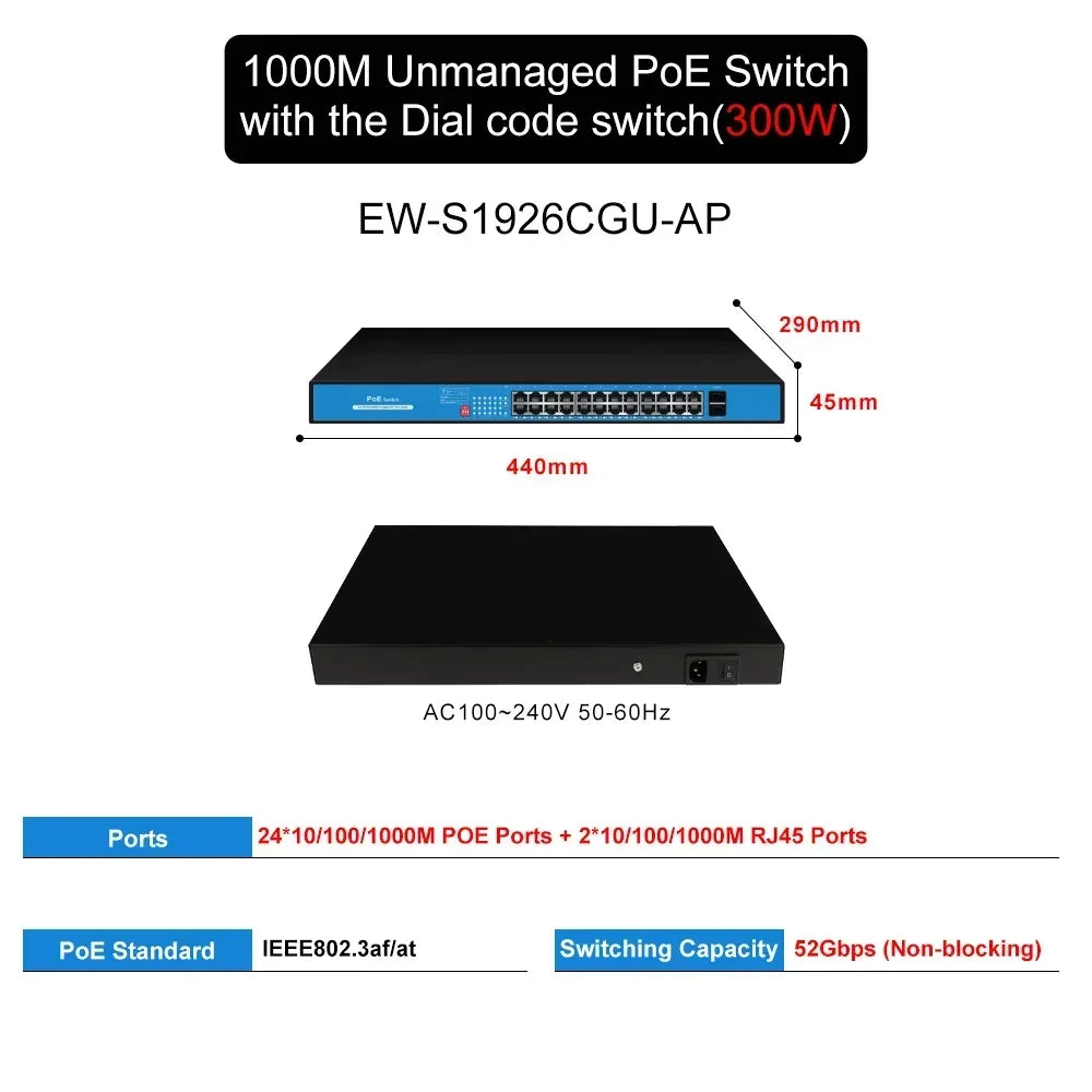 EWIND Gigabit POE Switch 16/48 Ports 10/100/1000Mbps Full Gigabit Ethernet Switch Unmanagement AI Smart Switch outdoor home NVR