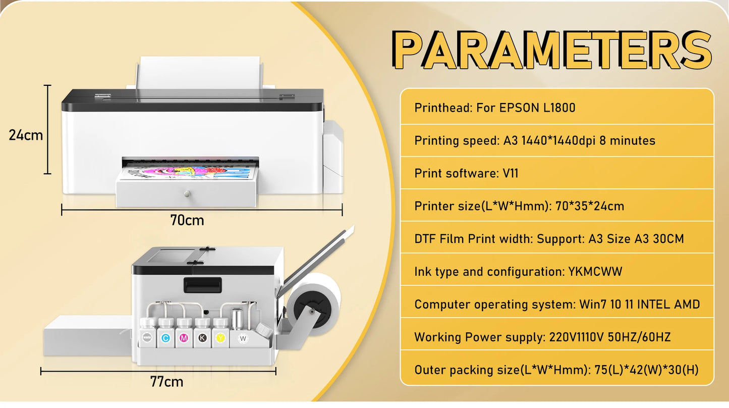 Colorsun A3 DTF Printer For Epson L1800 DTF Printing Machine Direct to Film Impresora A3 DTF Printers For T-Shirt Hoodies Fabric