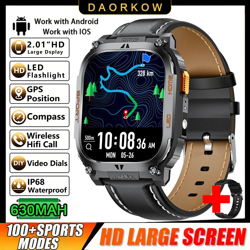 New GPS Tracking Smart Watch LED Flashlight 2.01inch HD Screen Compass BT Call Waterproof Sport Smartwatch For Android iOS