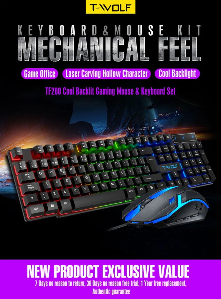 T20 Wired Keyboard Mouse Set 104 Keys RGB Blacklight Multi-function Shortcut USB Wired Gaming Keyboard English Russian Spanish