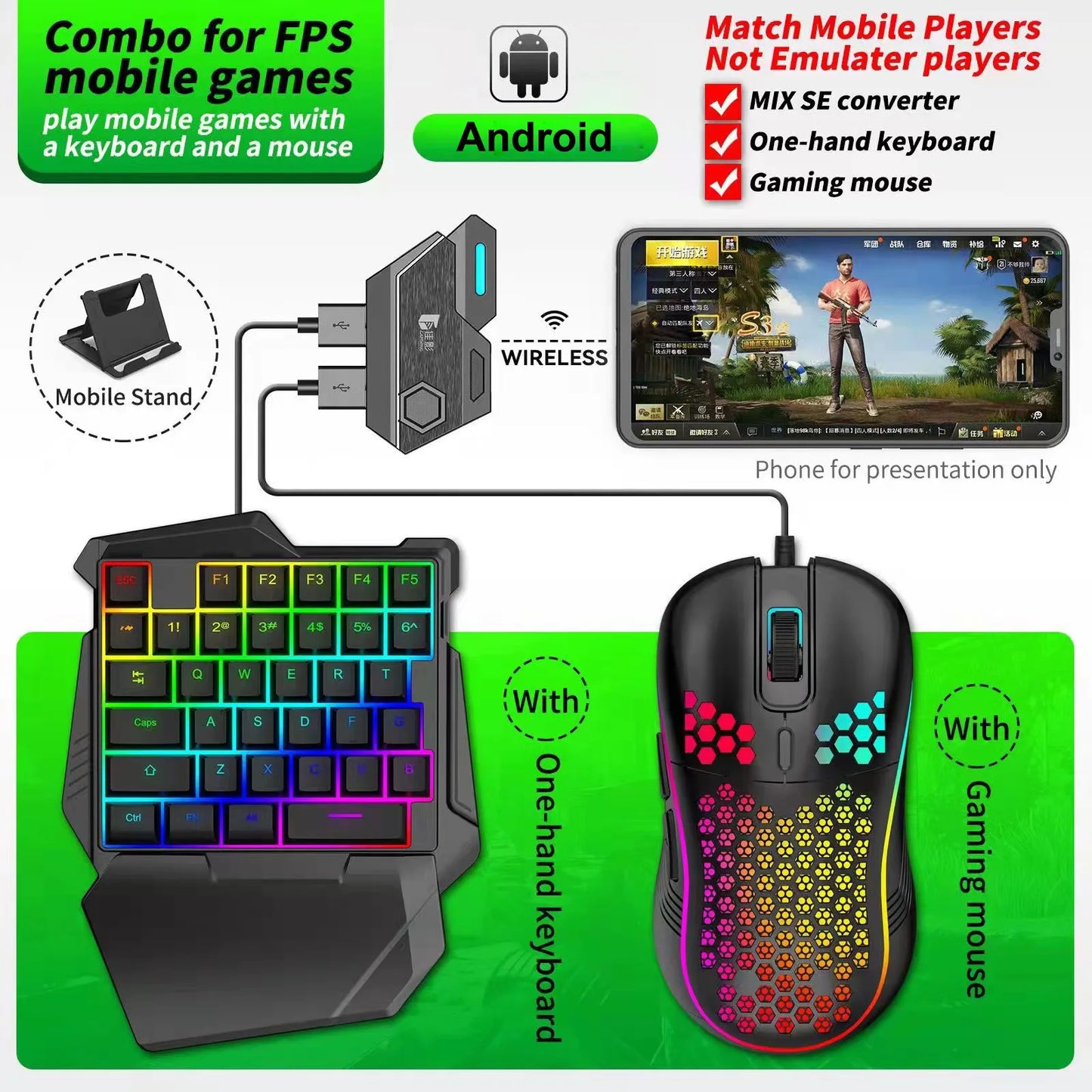 Kit Mobilador Gamer Kit Mobile Games Converter Keyboard Mouse 5 In 1 Kit One Hand Gaming Keyboard Adapter Controller PUBG Mix SE