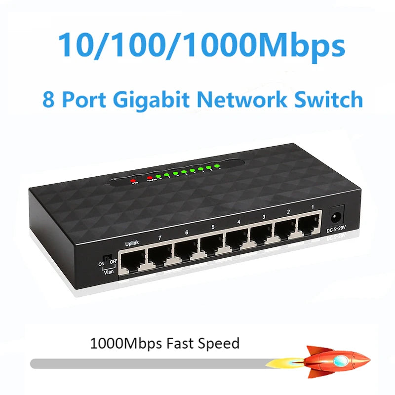 10/100/1000Mbps Gigabit Network Switch 8 Ports Ethernet Smart Switcher High Performance RJ45 Internet Splitter for WiFi Router