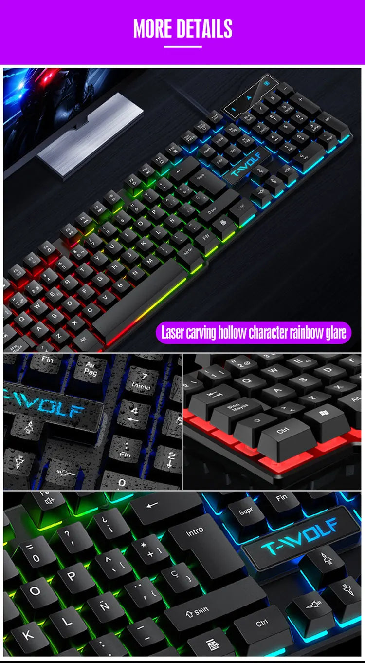 T20 Wired Keyboard Mouse Set 104 Keys RGB Blacklight Multi-function Shortcut USB Wired Gaming Keyboard English Russian Spanish