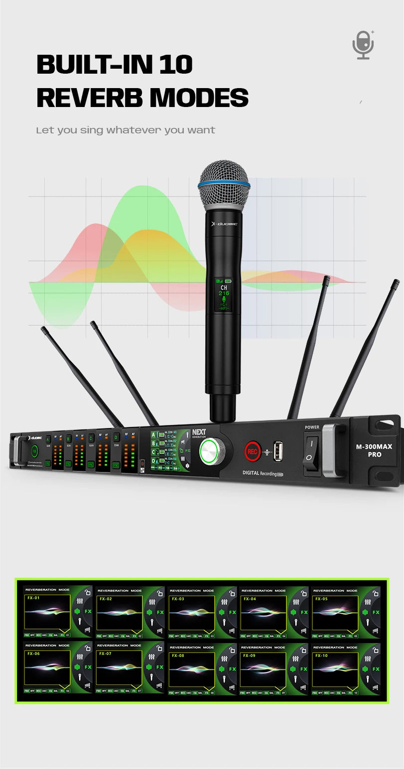 X-DUOMIC M300PRO true diversity one to four wireless microphone professional stage performance balanced reverb anti-howling