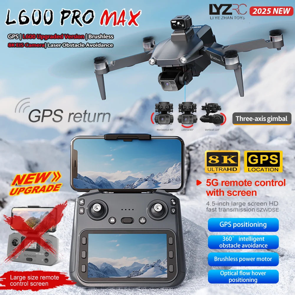 2025 L600 PRO MAX GPS Drone 5G Professional 8K HD 3-axis Gimbal Aerial Dual Camera Screen Control Obstacle Avoidance FPV RC Dron