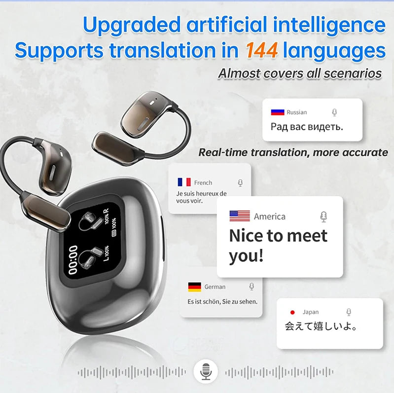 UYUXIO AI Language Translation Earbuds Real Time LCD Touch Screen Open Ear Wireless Headphone with 144 Language for Business