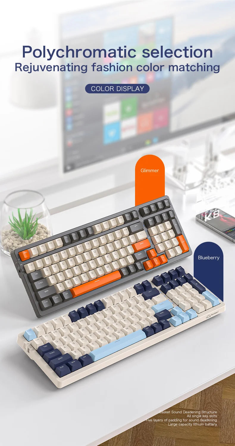 K8 100 Key Wireless Mechanical Keyboard Tri-mode Connection,Full Key Hot Swap,lighting Effects,Gasket Muffler Structure, Laptops