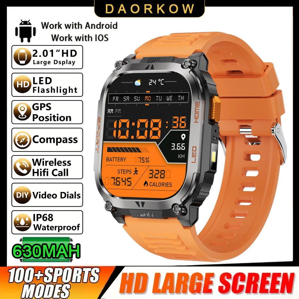 New GPS Tracking Smart Watch LED Flashlight 2.01inch HD Screen Compass BT Call Waterproof Sport Smartwatch For Android iOS