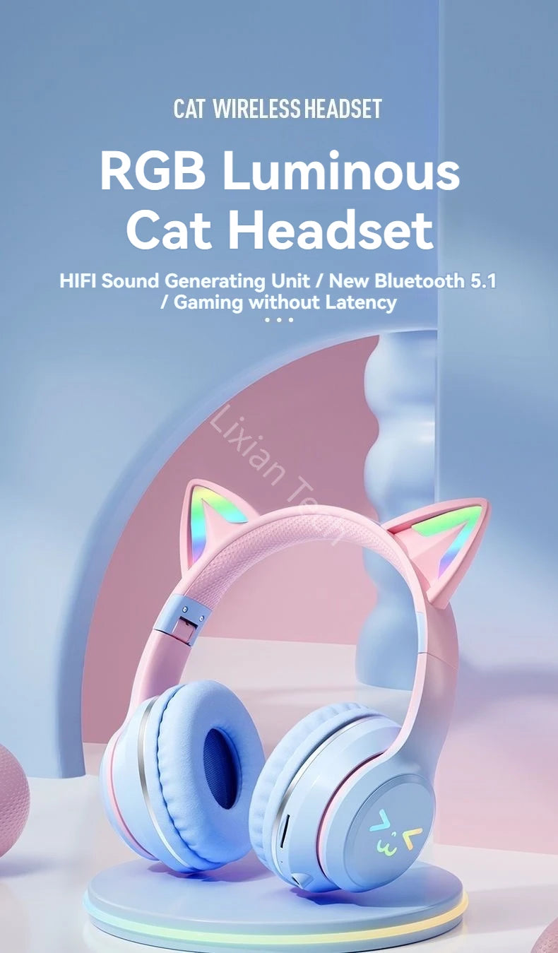 wireless Headphones RGB cute cat ear Bluetooth Earphones with microphone Stereo Music Game Earphone Girls Kids Gifts For XiaoMi
