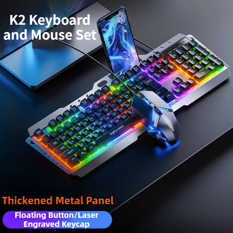 K2 Wired Keyboard Mouse Set Metal Panel RGB Backlight Waterproof Ergonomic Multimedia Buttons 104 Keys Keyboard for Game Office