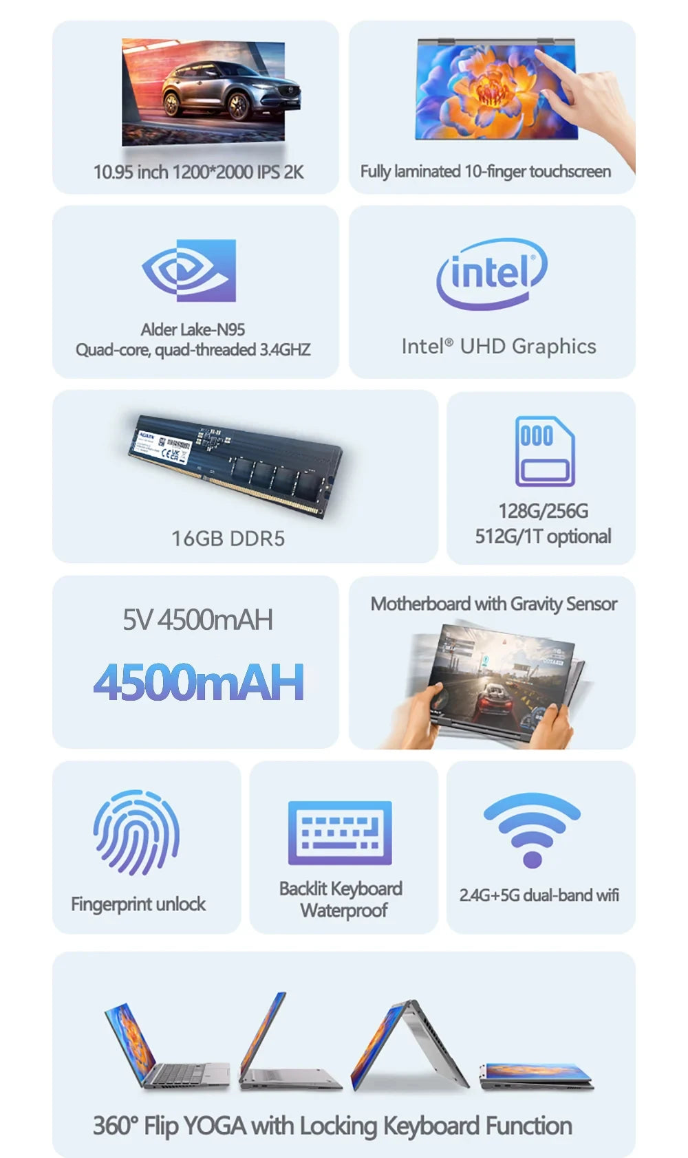 2-in-1 Touch Screen Tablet Laptop 10.9-inch 360° Flip Notebook Intel N95 16GB DDR5 2TB SSD HD Camera Backlit Keyboard Laptop