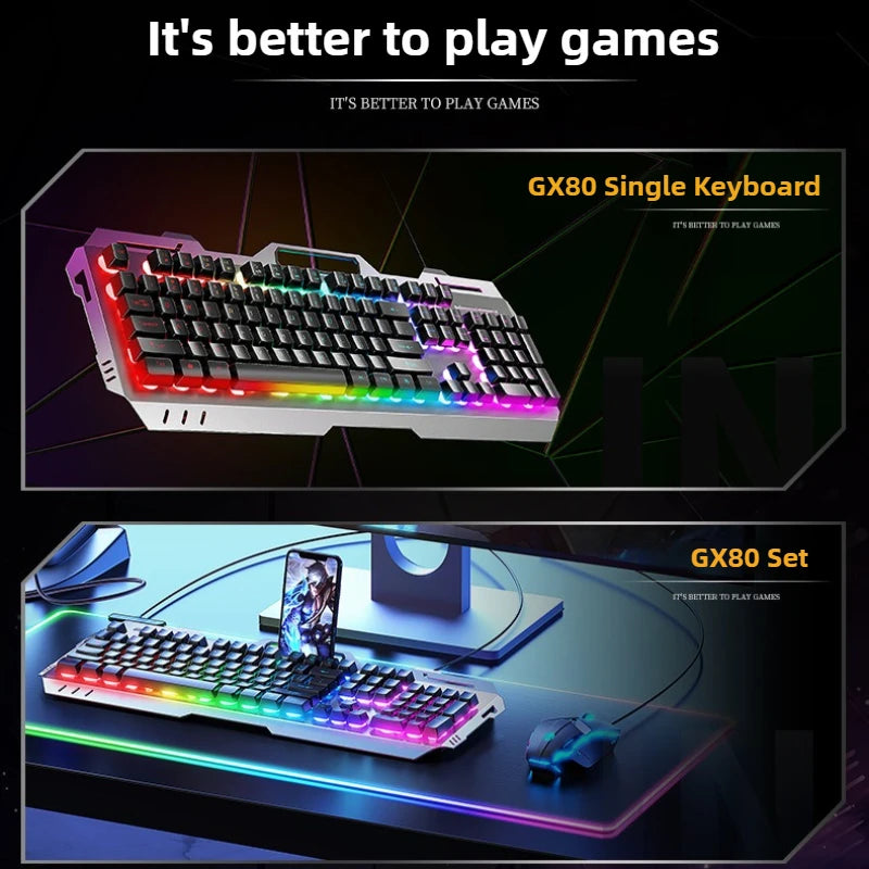 Gaming Wired Mechanical Keyboard Mouse Set Rainbow Glow Backlight 104 Keys Metal Panel Mechanical Keyboard for Laptop Desktop