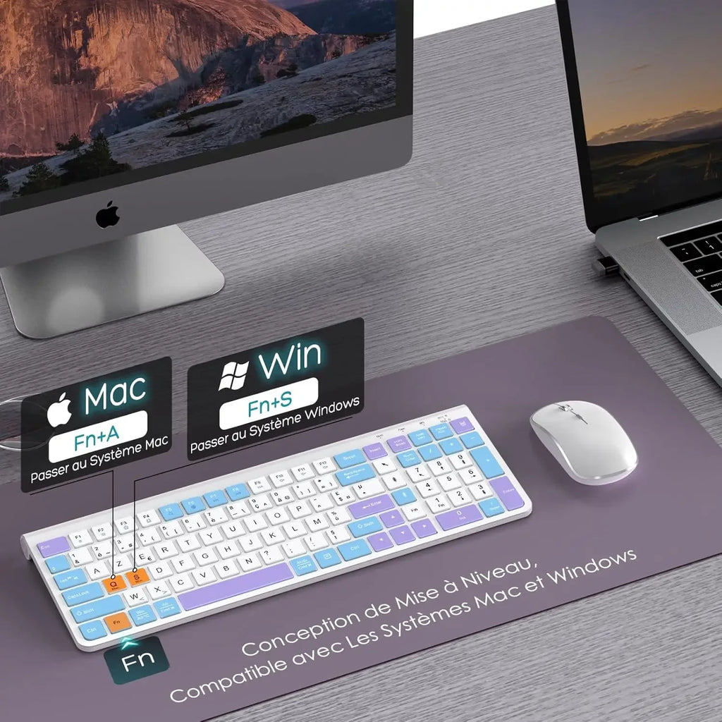 Ergonomic wireless keyboard and mouse, AZERTY, France, quiet and portable, including USB-A and USB-C ports, suitable for Mac/PC/