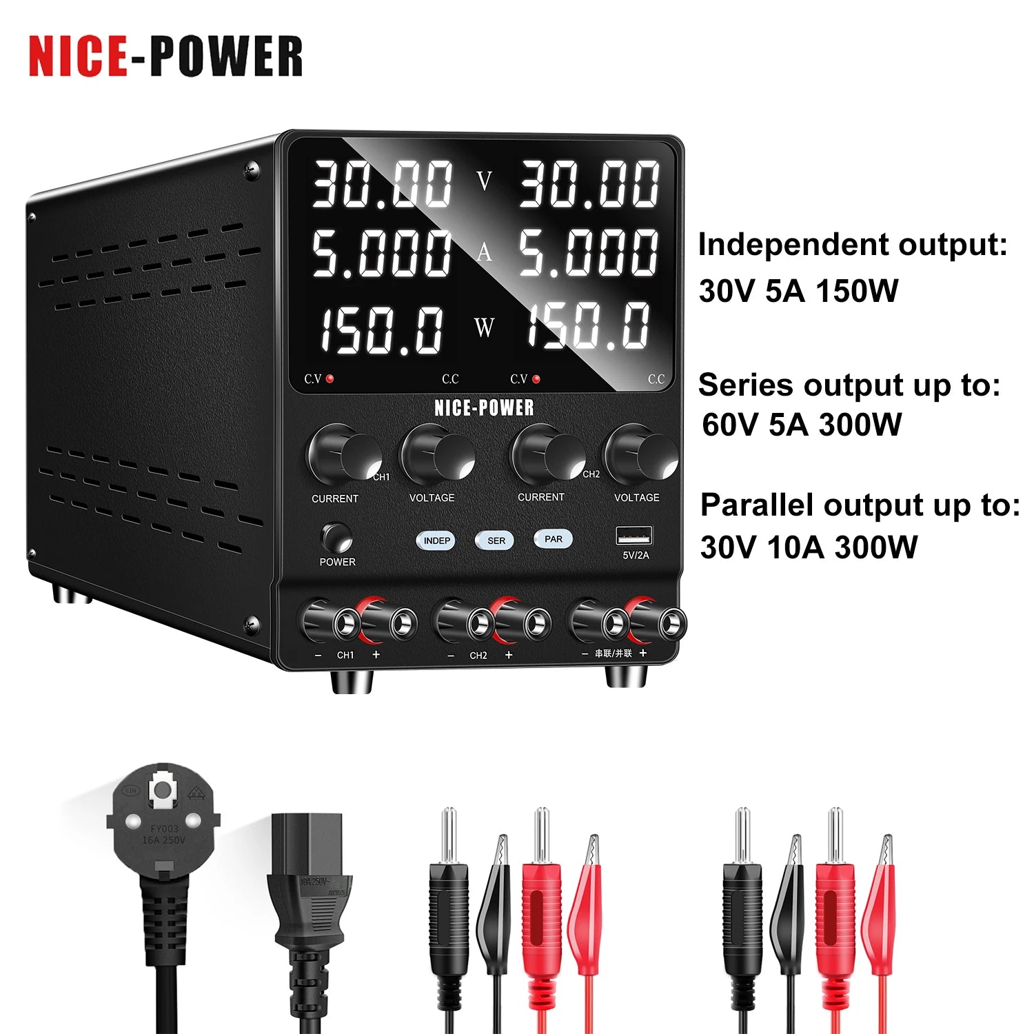 30V 10A DC Power Supply Adjustable Digit Display Dual Channel Lab Power Supplies Voltage Regulator Multiple Output 120V3A 60V5A
