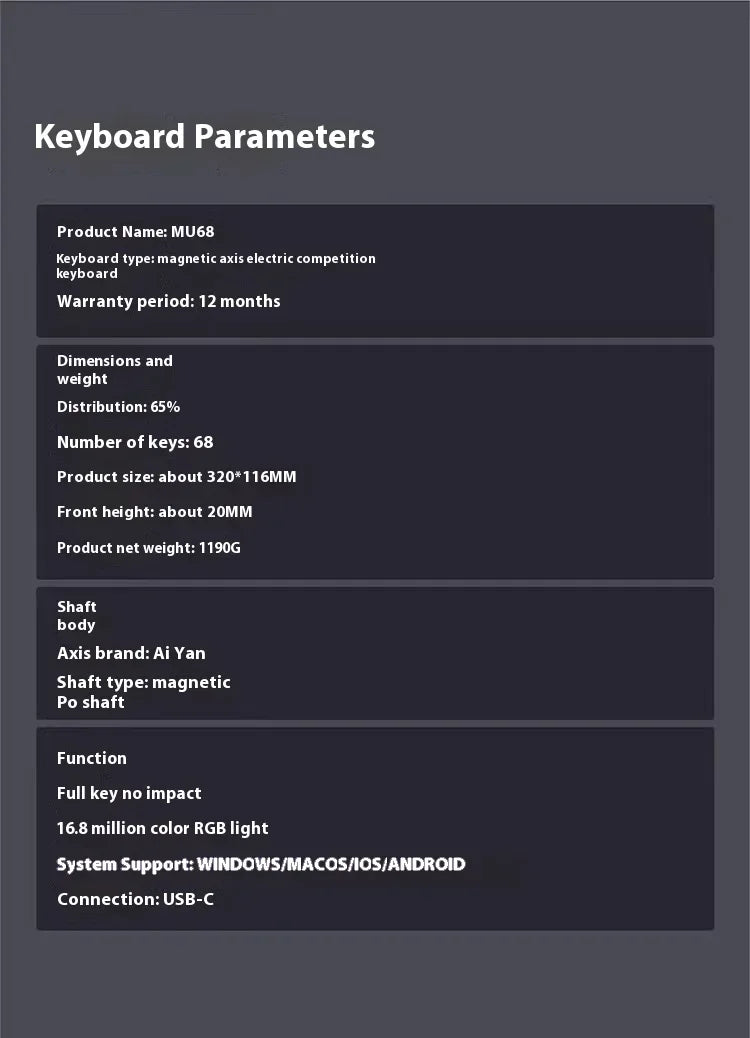 IYX MU68 Pro Mechanical Keyboard Magnetic Switch 8k RT0.04 RGB Backlit Hot Swap E-sports Gamer Keyboard Wired Aluminium Alloy